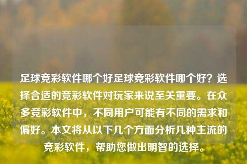 足球竞彩软件哪个好足球竞彩软件哪个好？选择合适的竞彩软件对玩家来说至关重要。在众多竞彩软件中，不同用户可能有不同的需求和偏好。本文将从以下几个方面分析几种主流的竞彩软件，帮助您做出明智的选择。