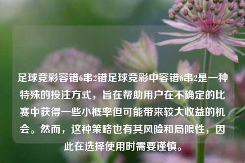 足球竞彩容错6串2错足球竞彩中容错6串2是一种特殊的投注方式，旨在帮助用户在不确定的比赛中获得一些小概率但可能带来较大收益的机会。然而，这种策略也有其风险和局限性，因此在选择使用时需要谨慎。